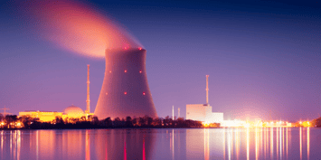 Nuclear power plant at twilight with illuminated cooling tower